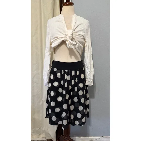 Ann Taylor 100% Silk Midi Skirt Size 2 Black White Polka Dot Pleated‎ A-Line Mod - Image 10