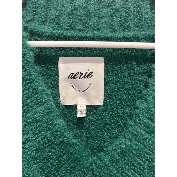 Aerie Womens Forest Green Oversized Boucle V-Neck‎ Sweater M Fuzzy Wool Blend - Image 3