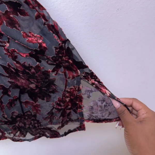 Shyanne Women Velvet Burnout Blouse Top XL Burgundy Floral Paisley Lace Up Sheer - Image 8