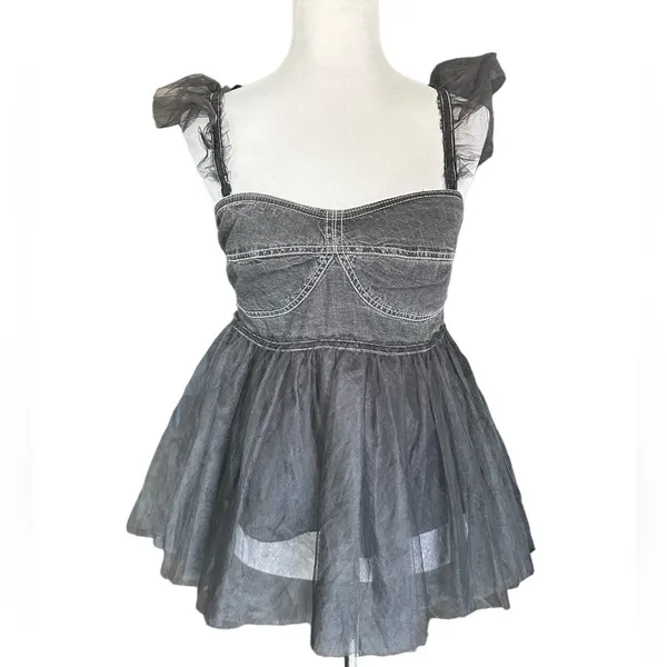 Anthropologie Pilcro Tulle Denim Peplum Top - Image 4