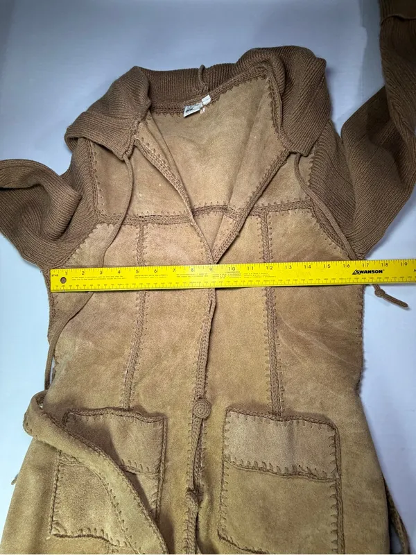Vintage 80s Genuine Suede Leather Hooded Belted Jacket Sweater Knit Sleeves S/M - Image 6