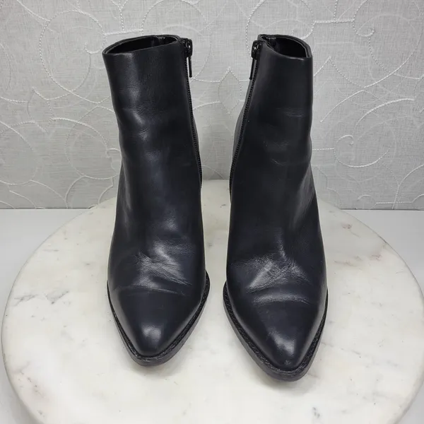 ALDO Leather Ankle Boots Womens 6.5 Black Gold Plate Block Heel Pointed Toe - Image 2