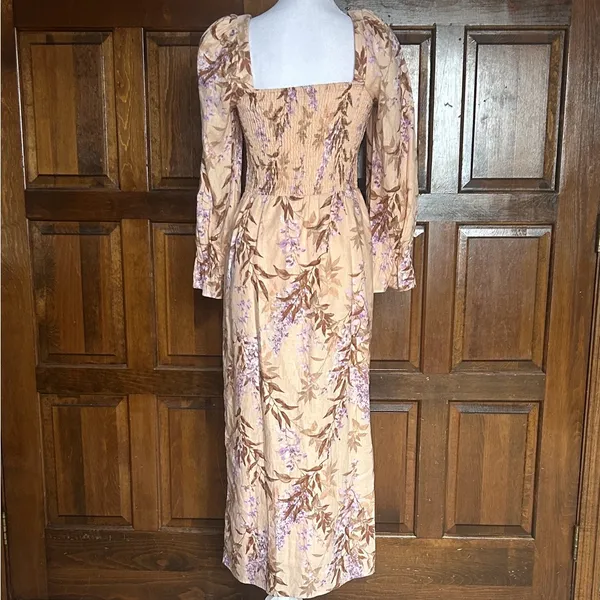 House of Harlow 1960 Linen Blend Smocked Midi Dress XS Peach Floral Palm Bishop‎ - Image 3