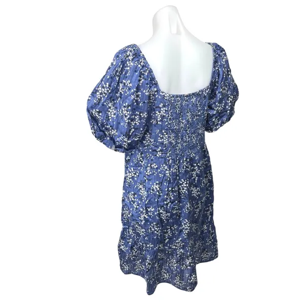 Mango MNG Blue Floral Square Neck Short Puff Sleeve Smocked Mini Shift Dress 6 - Image 2