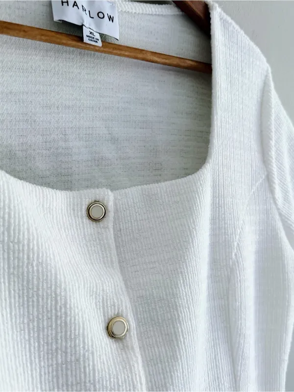 Harlow White Square-Neck Boucle Co-Ord Button Front Short Sleeve Top Women’s XL - Image 4