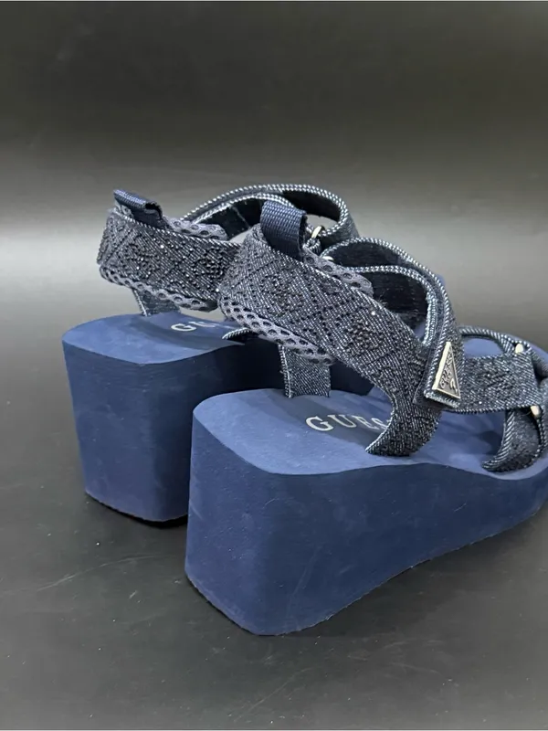 GUESS Dawsin Denim Rhinestone Embellished Straps EVA Soles Wedge Sandals Size 6 - Image 5