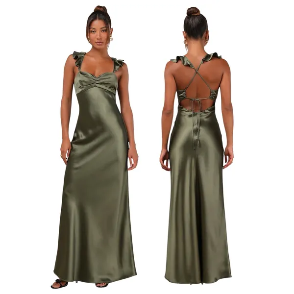 Lulus Exuberant Luxury Olive Green Satin Ruffled Lace-Up Maxi Dress size M NWT - Image 2