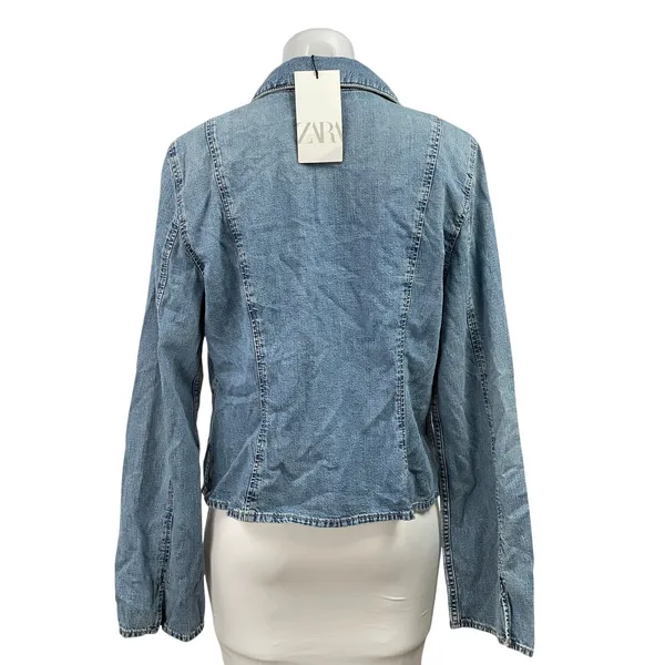 NEW Zara Blue Long Sleeve Collar Tie Knot Denim Jean Jacket Shirt Top Size XL - Image 3