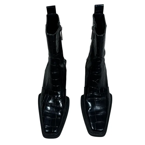 Zara Croc Embossed Square Toe Ankle Boots Black Architectural Heel Size 38 / 7.5 - Image 3