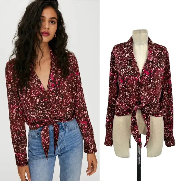 Aritzia Wilfred Silky Tie-Front Blouse Ptna Brown/E.‎ Fuchsia Size Medium - Image 2