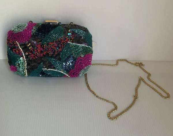 Sfera Beaded Sequin Clutch Bag with Chain Strap | Handmade Look Evening Purse - Image 2