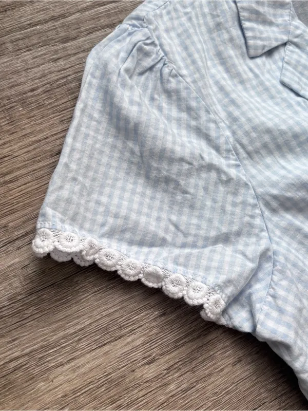 Coquette white/blue gingham button down blouse lace trim femenine minimalist - Image 6