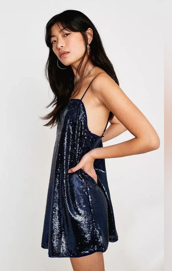 Free People Time to Shine Navy Blue Sequin Slip Dress - Image 10