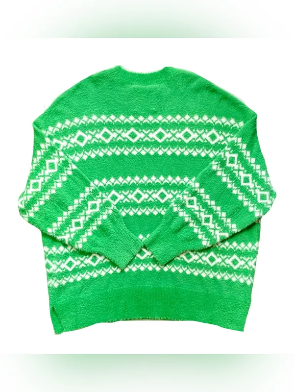 Aerie Flurry Fair Isle Green Oversized Crew Sweater - Image 5