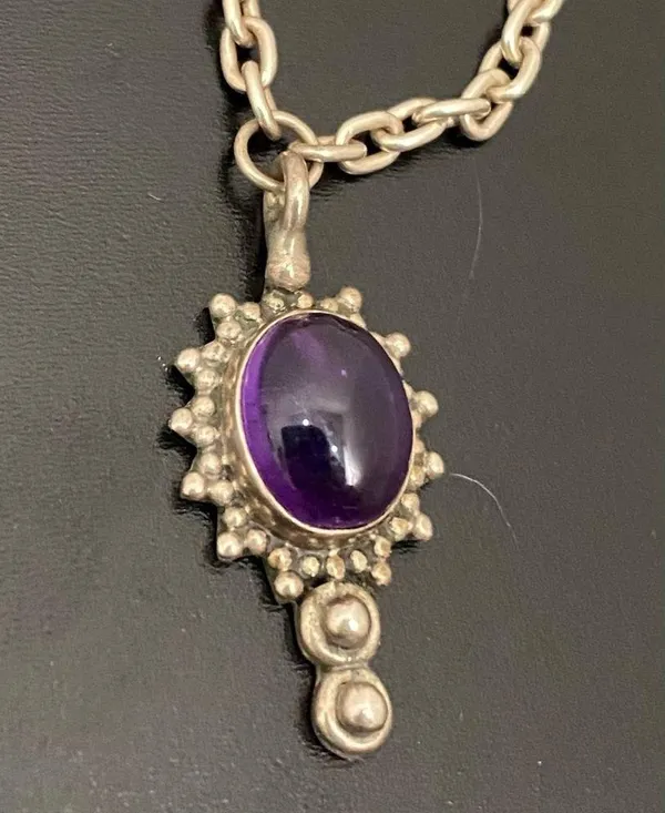 Vintage Handcrafted 925 Sterling Silver Amethyst Cabochon Pendant 18” Necklace - Image 8