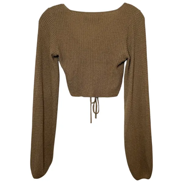 White Fox Brown Ribbed Lace Up Crop Top‎ Balloon Sleeve Size XS Minimalist Basic - Image 5