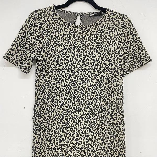 Zara Brown Animal Print Short Sleeve Knee Length Sheath Dress Womens M Leopard - Image 3