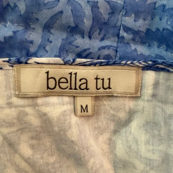 Bella Tu Size M Dress Blue White Print Boho Silver Embroidered Floral Peasant - Image 4