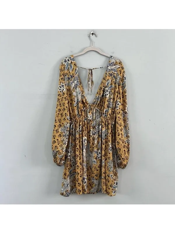 NWT Free People Soli Golden Hour‎ Combo Yellow V-Neck Long Sleeve Mini Dress - Image 4