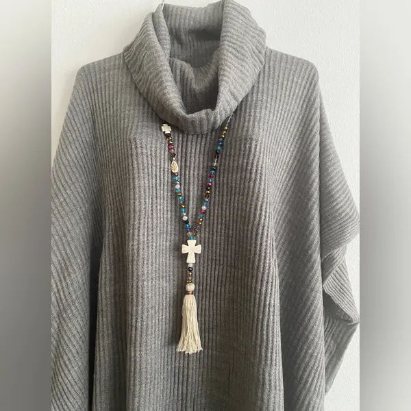 1Pc Boho Sweater Necklace Colorful‎ Beaded Cream Tassel Cross Charm Fashion - Image 2