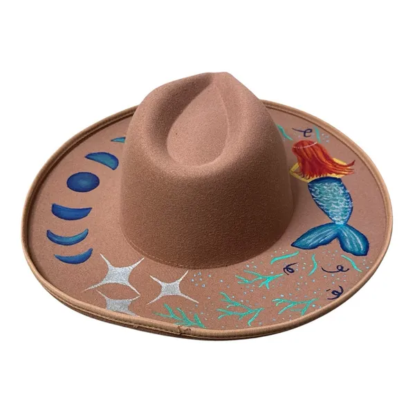 Handmade Painted Moon Mermaid Celestial Boho Rancher Western Hat Gypsy Whimsical - Image 3