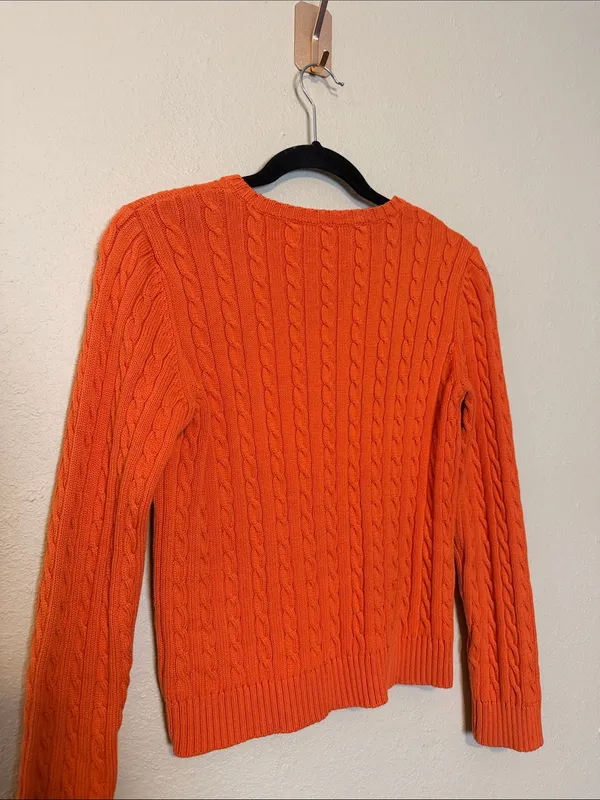 Vintage Ralph Lauren Cable Knit Sweater Orange‎ Crew Neck Size Medium Petite - Image 5