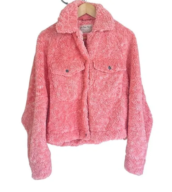 Free People jacket teddy Bear pink small we the free fuzzy cozy pockets snap - Image 2