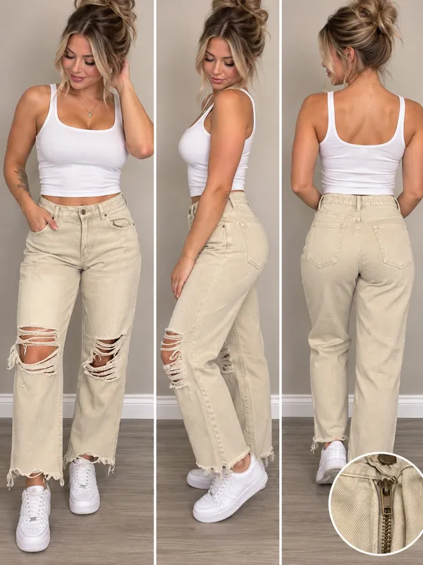Zenana High Rise Distressed Straight Jeans Sand Beige - Image 2