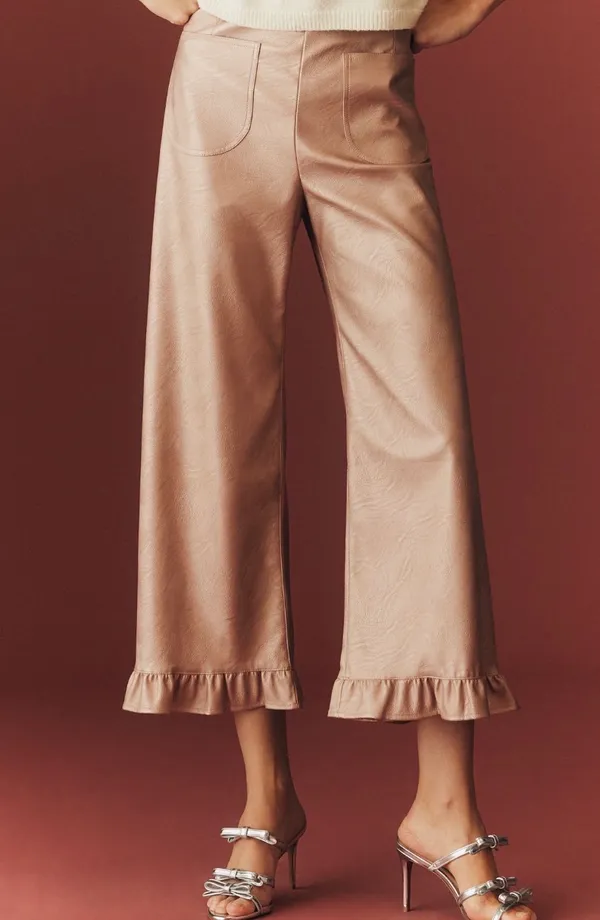 Anthropologie Maeve The Colette Metallic Ruffle-Hem Faux Leather Pants, Size 27 Tall - Image 4
