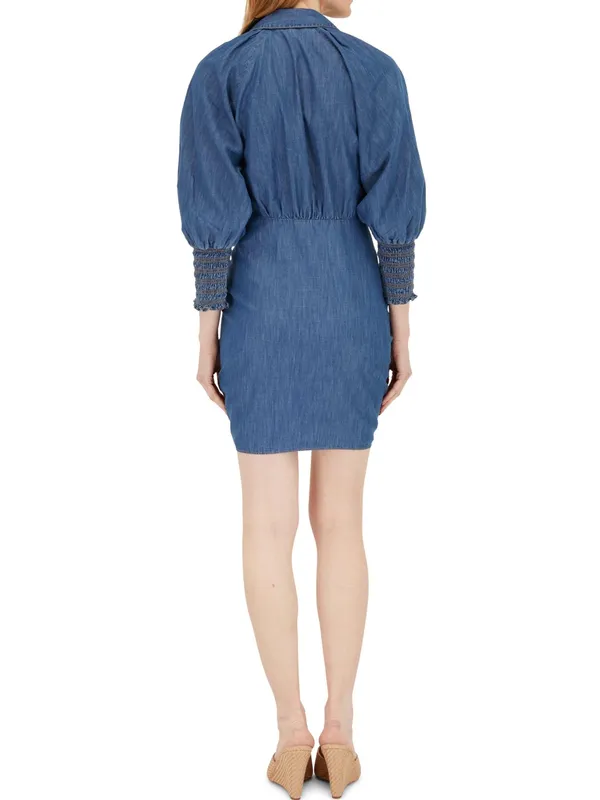 Veronica Beard Allie Ruched Chambray Mini Dress Denim Blue Buttons Collar Sz 2 - Image 2