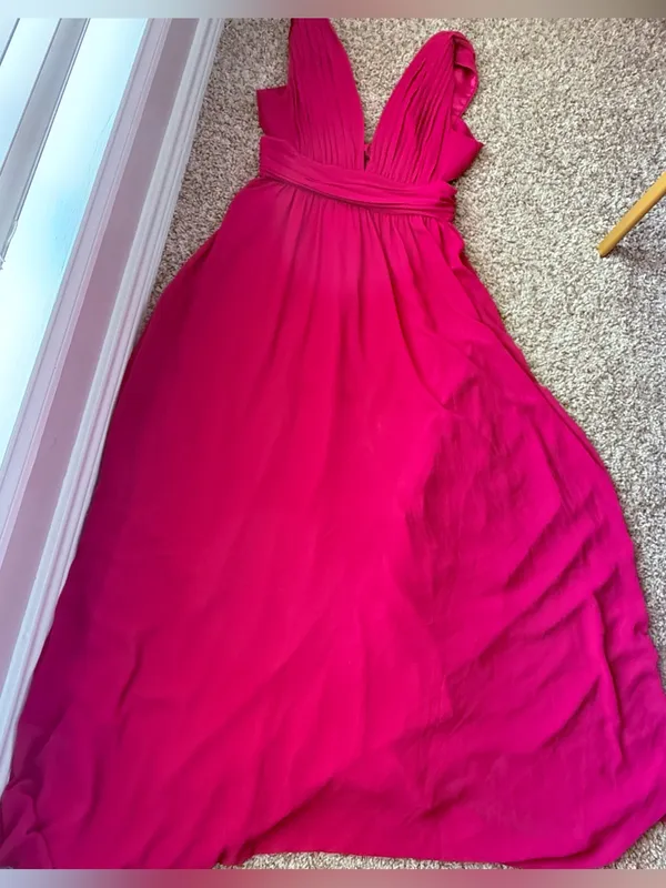 Belle Badges Mischka Bright Pink Formal Dress Plunge V-neck & Back Cut Out Sz10 - Image 4
