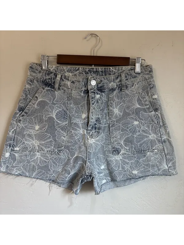 Cider Happy Hour Lotus Print Denim Mini Shorts High Rise Raw Hem Blue Size XL - Image 4