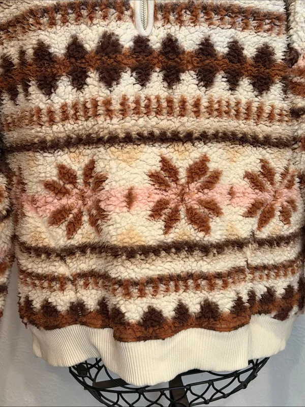 Aerie 🐏🐏🐏BOGOHO🐏🐏🐏 Cozy Cream and Brown Sherpa Quarter-Zip Sweater -Large - Image 3