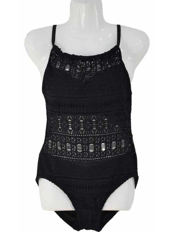 Aqua Green Crochet High Neck Black One Piece Swimsuit Medium - Image 3