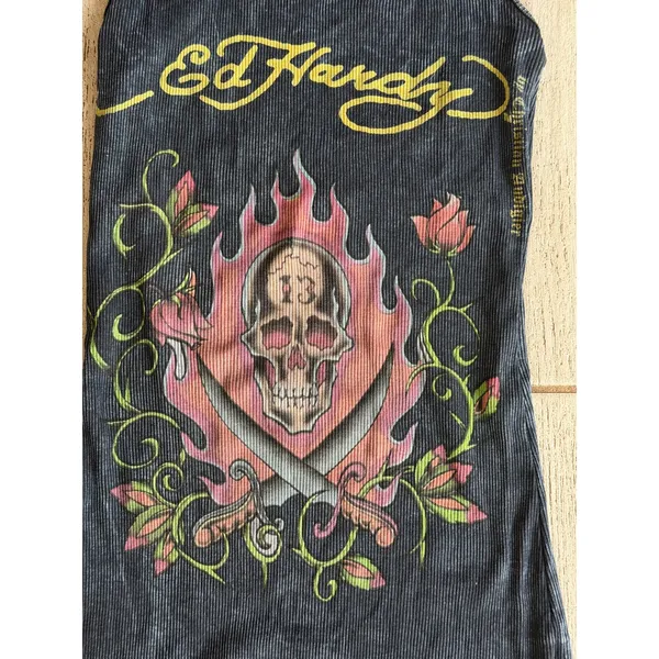 Vintage Ed Hardy Skull & Dagger Womens Graphic Tank Ribbed One Size - Image 8