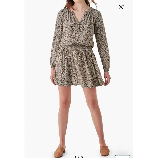 Faherty Dress Brown Montara Leaf Batik Long Sleeve Mini Smocked Swing Flowy XXS - Image 9