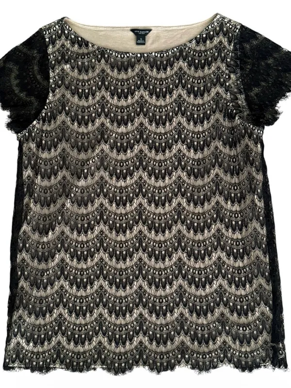 Ann Taylor Black Nude Sheer Lace Overlay Round Neck Short Sleeve Top Size S - Image 6