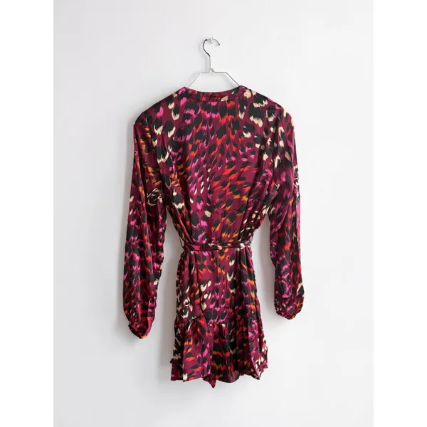 Sirena Abstract Leopard Print Mini Dress Burgundy Pink Long Sleeve Belted Small - Image 2