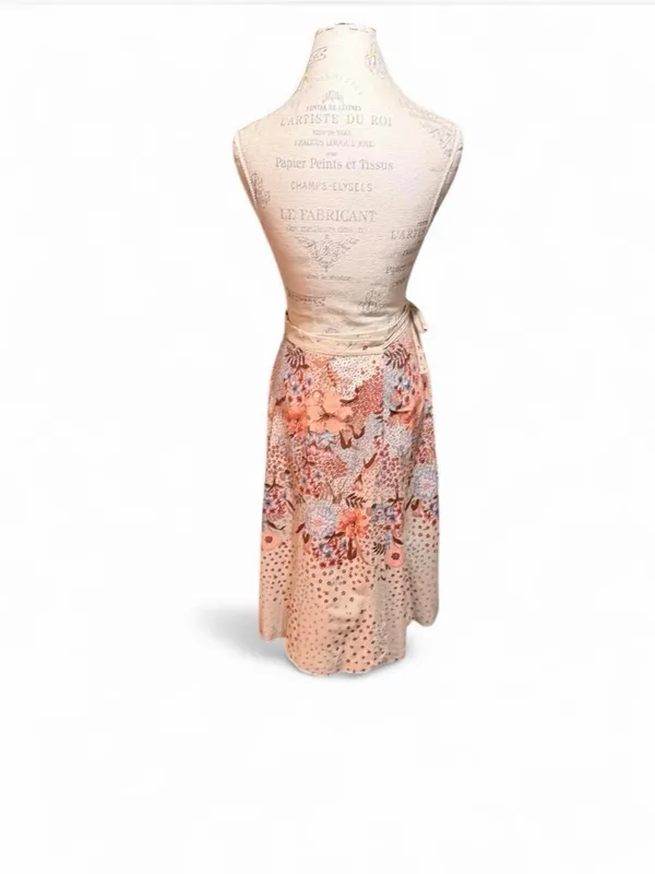 Orange, Brown, and Beige Floral Print A-Line Midi Wrap Skirt - Image 8