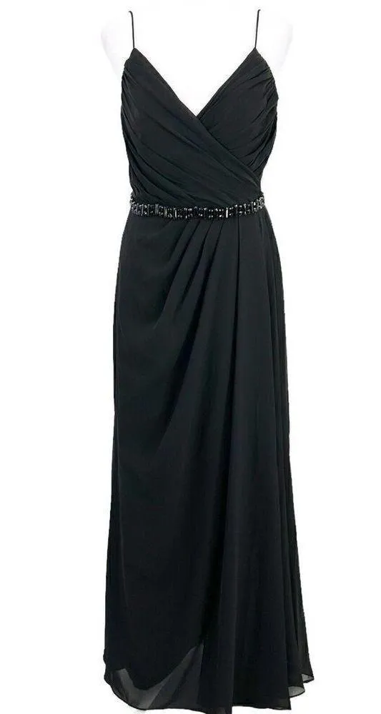 Lillian’s V Neck Faux Wrap Beaded Banding Waist Black Formal Dress Gown Size 6 - Image 10