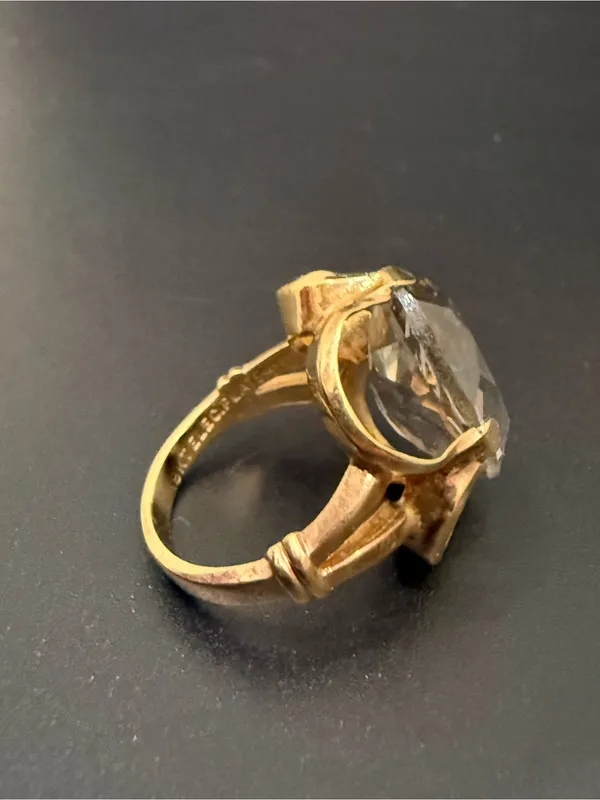 Vintage 18KT Electroplated Gold Oval Smoky Quartz Glass Cocktail Ring Size 4 - Image 10