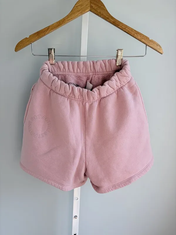 SET Active Pink French Terry Sweat Shorts Elastic Ruffle Waist Lounge USA S - Image 3