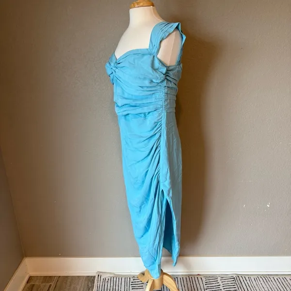 Abercrombie Off Shoulder Ruched Midi Dress Blue NWT Large - Image 4