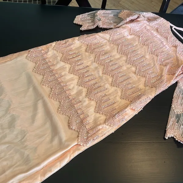Peach Pink Beaded Sequin‎ High Low Formal Dress Long Sleeve Pearl Detail Gown - Image 13