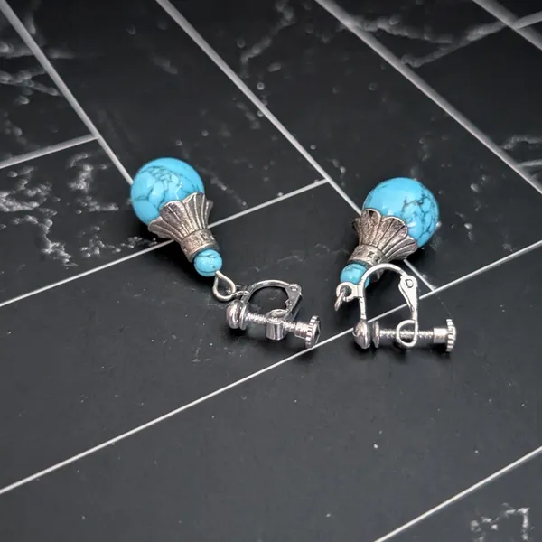Vintage Clip On Earrings Silver Tone & Turquoise Tone Dangle Ball - Statement - Image 4