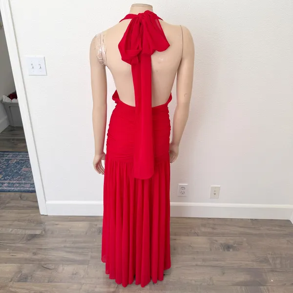 [Anthropologie] Bardot Red Mave Halter Neck Maxi Dress Low Back Ruched Slit 12 - Image 4