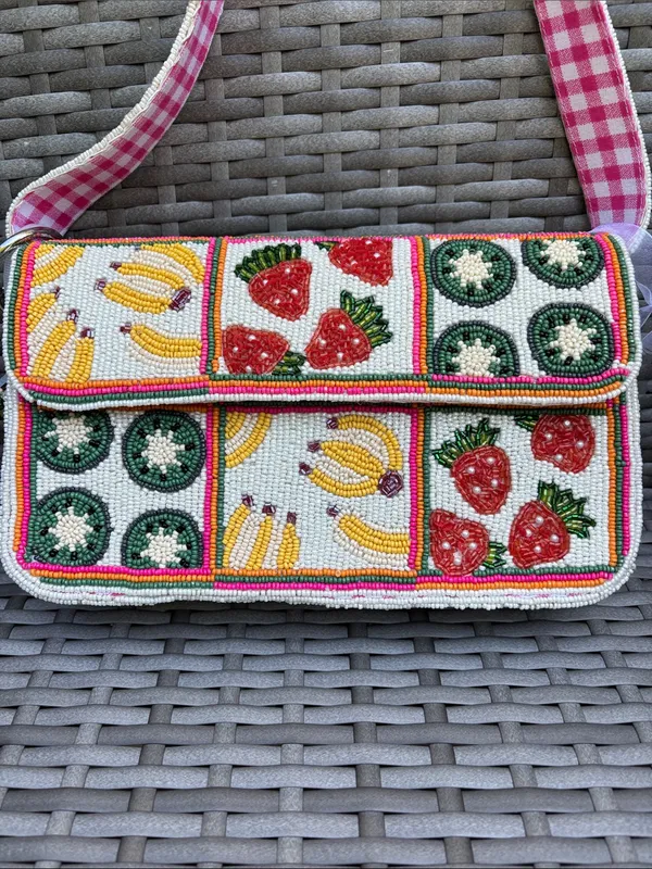 HANDMADE in Made in India Beaded Fruit lined Bag Pink - Image 2