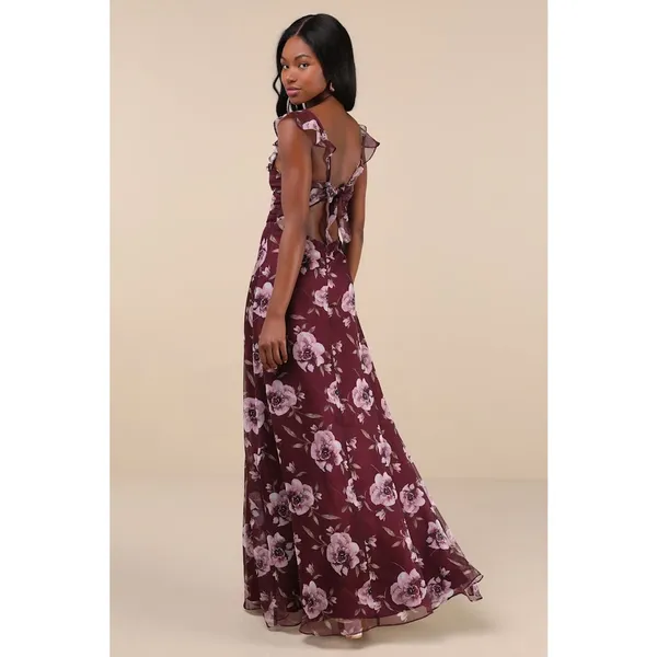 NWT Lulus Sweetest Entrance Plum Purple Floral Ruffled Tie-Back Maxi Dress Sz S - Image 3