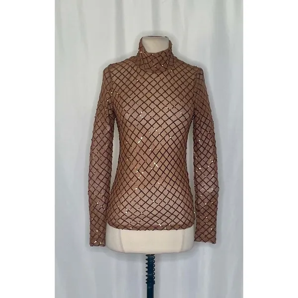 NWT!! Anthropologie PILCRO Turtleneck Sequin Top Shirt Bronze Party Glam X-Small - Image 2