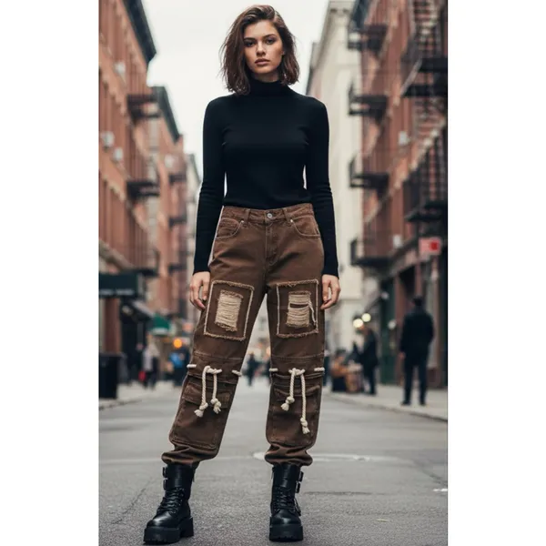 Y2K Deconstructed Women's Cargo Jeans Size M Brown Size M - Image 6